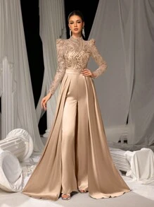 Faeriesty Elegant Satin Jumpsuit With Glittering Sequin Embroidery & Floor-Length Trail | Luxury Evening Wear For Black Tie Galas, Weddings, Formal Events