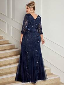 Đầm maxi dáng đuôi cá cổ chữ V sâu, đính sequin, ren hoa và lưới, cỡ lớn, phù hợp cho khách dự đám cưới, sinh nhật, họp mặt gia đình, lễ hội, lễ tốt nghiệp và các dịp khác, thanh lịch mùa xuân. - Màu xanh hải quân - Xem 3