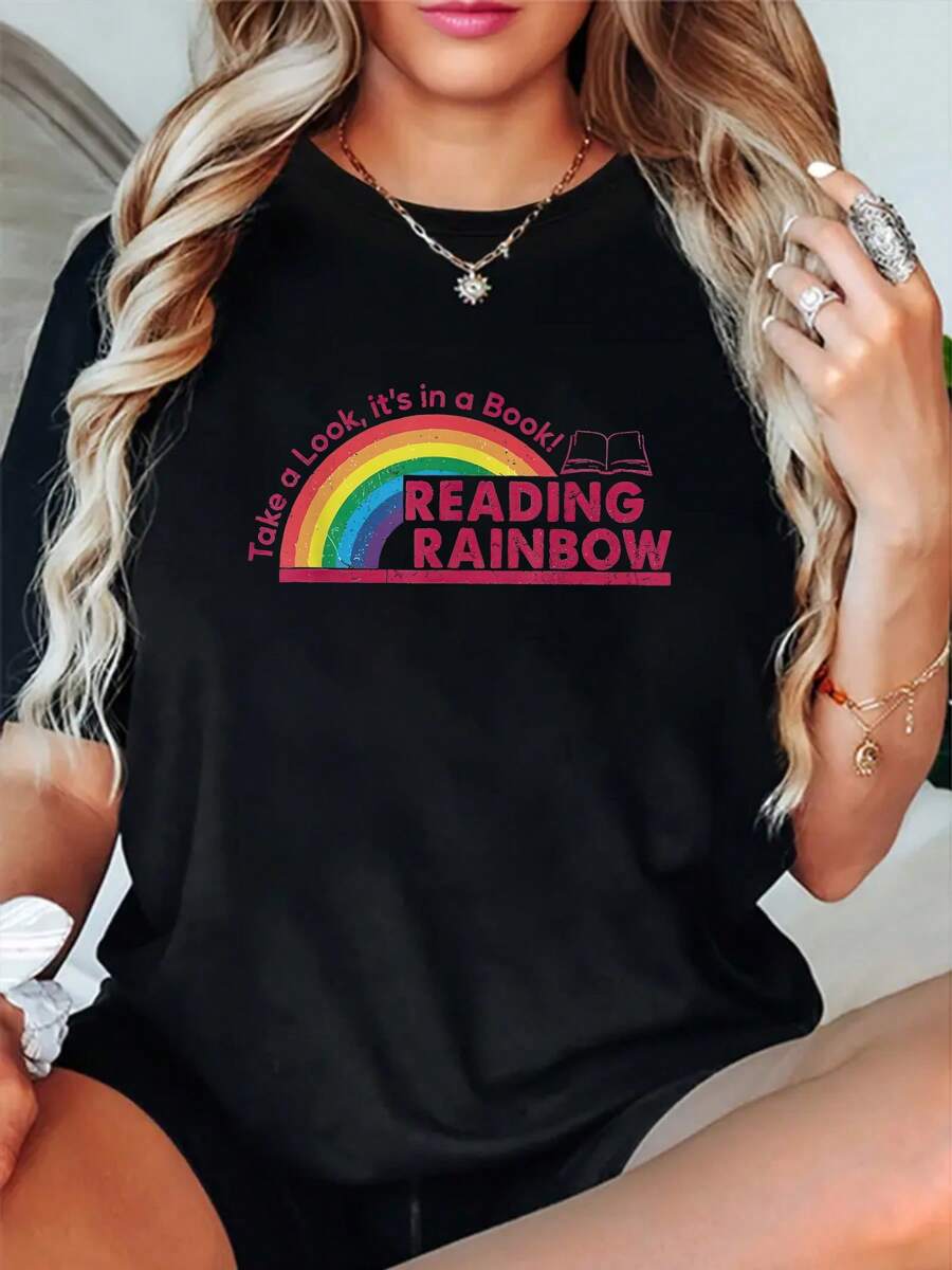 Reading Rainbow Print Women's Cotton T-Shirt, Graphic Versatile Christmas T-Shirts Fashion Loose Casual Sports Summer Crew Neck Short Sleeved Top Women's Tops - 黑色 - 查看 1