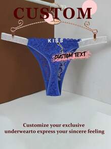 中腰蕾絲丁字褲 性感桃色女用內褲 個性化水鑽內衣 - 藍色 - 查看 2