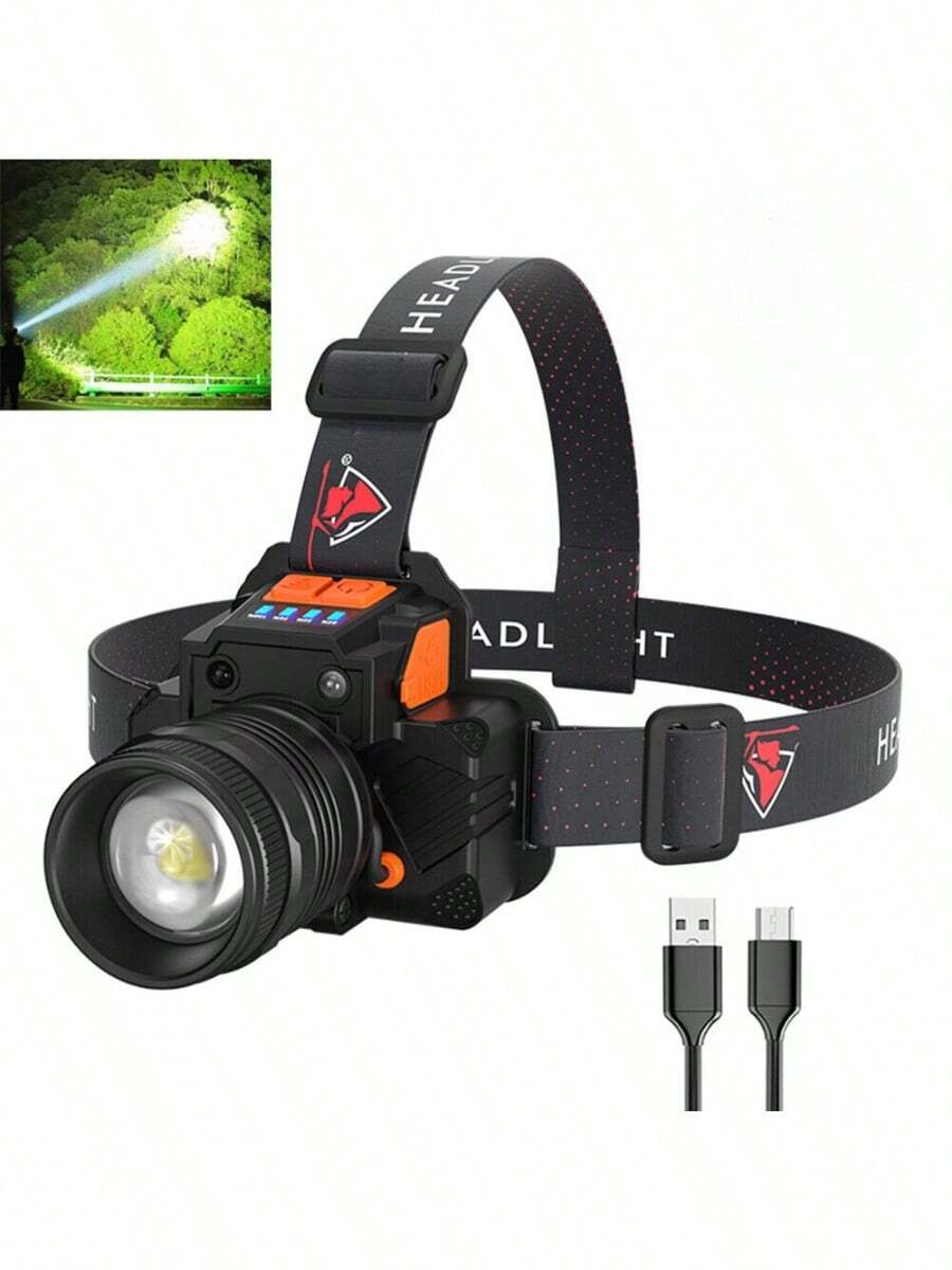 990000LM Headlamp USB Rechargeable LED Head Light Zoomable Bright Flashlight,Zoomable Bright Head Light Flashlight For Outdoor Camping Hiking Running, Waterproof Durable Hands-Free Headlamp With Adjustable Strap For Emergency Work - 白色的 - 查看 1