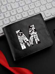 1 件时尚字母印花黑色钱包男士双折钱包休闲商务短钱包可折叠多卡槽送给他的完美礼物男士钱包钱包小钱包男士钱包真皮 - 黑色 - 查看 7