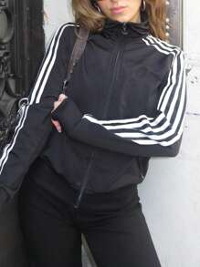 Women's Mock Neck Jacket Zip Up Side Striped Long Sleeve Casual Fall Motorcycle Tops - Black - View 4