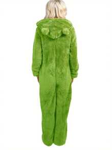Women Thick Plush Sleeping Romper With Bear Ear Hat, Long Sleeve Zipper Hooded Jumpsuit For Autumn, Winter - 綠色 - 查看 4