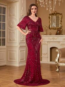 hezixi Robe de soirée élégante à paillettes, avec manches évasées sexy et courtes pour femmes. Robe longue sirène pour soirée de gala, mariage de luxe, cocktail. Robes pour femmes. - Rouge foncé - Voir 2