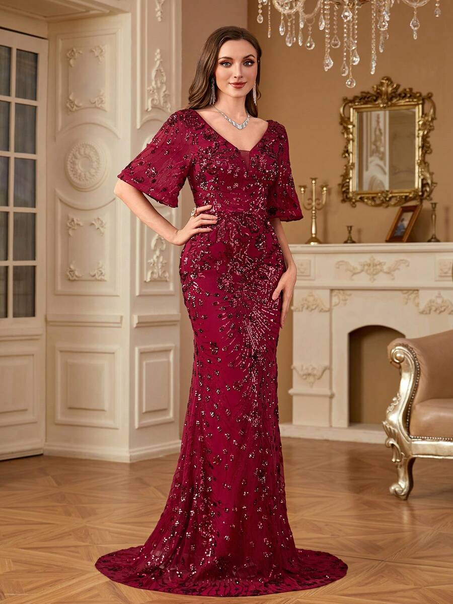 hezixi Robe de soirée élégante à paillettes, avec manches évasées sexy et courtes pour femmes. Robe longue sirène pour soirée de gala, mariage de luxe, cocktail. Robes pour femmes.