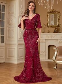 hezixi Robe de soirée élégante à paillettes, avec manches évasées sexy et courtes pour femmes. Robe longue sirène pour soirée de gala, mariage de luxe, cocktail. Robes pour femmes. - Rouge foncé - Voir 3