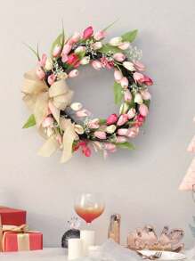 17.7in Tulip Wreath For Front Door, Artificial Pink Tulip Wreath Home Decorative Door Wreath For Porch Window Wedding Farmhouse - 粉色 - 查看 3
