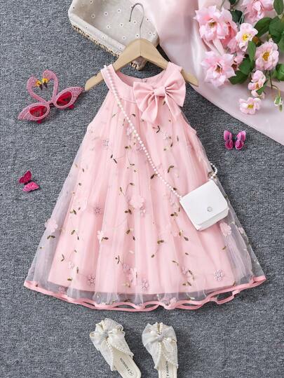 Girls Summer Fashion Elegant 3D Flower Mesh Bow Decor Halter Dress With Crossbody Bag