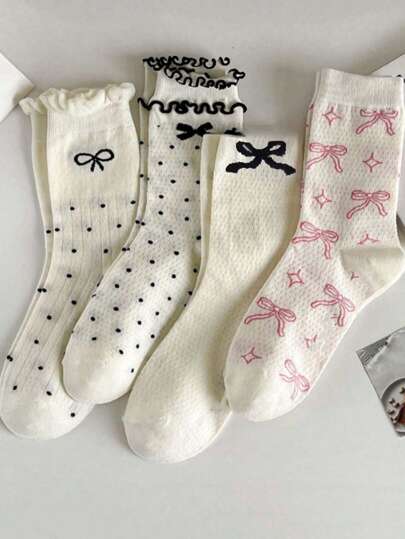 4双蝴蝶结设计女士中筒袜，薄款透气，黑白款，春夏秋季