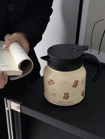 1 件 800 毫升泰迪熊蝴蝶结装饰双层不锈钢水瓶，咖啡/茶壶，适用于办公室、餐厅、户外、圣诞节、情人节、母亲节礼物