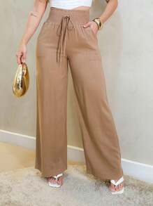 PANTS WITH ELASTIC WAIST LINEN AND COTTON - 米色 - 查看 4