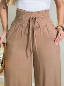 PANTS WITH ELASTIC WAIST LINEN AND COTTON - 米色 - 查看 1