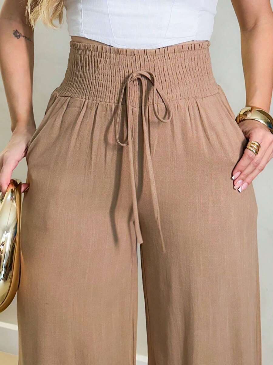 PANTS WITH ELASTIC WAIST LINEN AND COTTON - 米色 - 查看 1