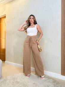 PANTS WITH ELASTIC WAIST LINEN AND COTTON - 米色 - 查看 2