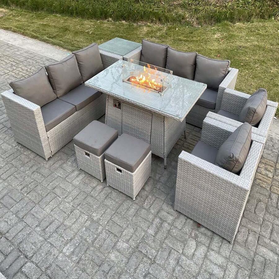 Fimous 10 Seater Outdoor Lounge Rattan Sofa Set Garden Furniture Gas Firepit Set Dining Table With Chair Coffee Table Stools 2 Optional Colour Dark Grey / Light Grey - Light Grey - View 1