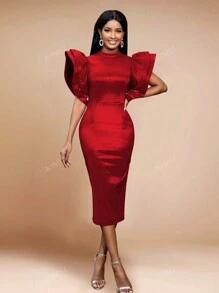 Vestido midi ajustado con cuello alzado, volantes con brillo y mangas de varias capas para mujer, para fiesta de Año Nuevo, evento formal, cena, graduación, boda, fiesta de cóctel