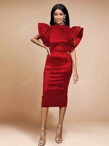Vestido midi ajustado con cuello alzado, volantes con brillo y mangas de varias capas para mujer, para fiesta de Año Nuevo, evento formal, cena, graduación, boda, fiesta de cóctel