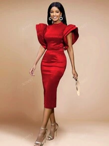 Vestido midi ajustado con cuello alzado, volantes con brillo y mangas de varias capas para mujer, para fiesta de Año Nuevo, evento formal, cena, graduación, boda, fiesta de cóctel