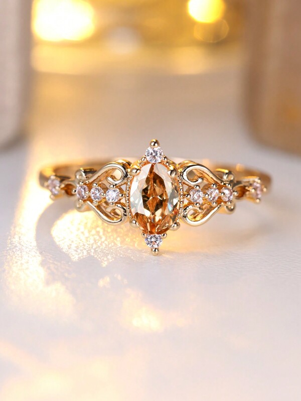 1pc Luxurious Golden Yellow Oval Champagne-Colored Artificial Zirconia Hollow Ring Engagement Ring Daily Jewelry