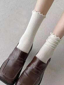 6/3/1 Pair Women's Solid Color Ruffle Edge Minimalist Stylish Versatile Comfortable Soft Mid-Calf Socks, Suitable For Daily Wear & Mid-Calf Socks For Women, Ruffled Trim & Floral Pattern, Versatile For Spring, Fall & Winter,Beautiful And Moving Cute Socks, Students, Friends, Lovers And Relatives Are Suitable For New Year Gifts,Spring Outdoor Sports Socks - Multicolor - View 8