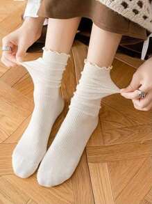 6/3/1 Pair Women's Solid Color Ruffle Edge Minimalist Stylish Versatile Comfortable Soft Mid-Calf Socks, Suitable For Daily Wear & Mid-Calf Socks For Women, Ruffled Trim & Floral Pattern, Versatile For Spring, Fall & Winter,Beautiful And Moving Cute Socks, Students, Friends, Lovers And Relatives Are Suitable For New Year Gifts,Spring Outdoor Sports Socks - Multicolor - View 9