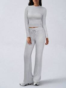 Bộ đồ hai mảnh nữ GAOVOT mùa xuân hè phong cách Y2K thể thao năng động, thường ngày, mặc nhà, màu trơn, gồm áo thun dài tay ôm dáng và quần dài có dây rút. - Màu Xám nhạt - Xem 5