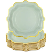 10 Stück salbeigrüne Pappteller mit goldfarbener Folie, Schaumkante, Einweg-Dessertteller für Hochzeit, Geburtstag, Party Zubehör, Tisch Dekoration