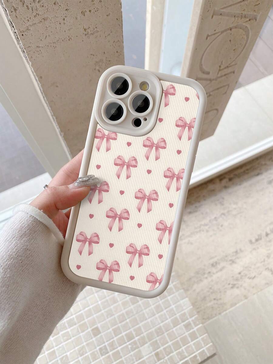 1 Ốp lưng điện thoại da sọc dọc họa tiết trái tim nơ hồng thời trang, dày dặn, chống trầy xước, bảo vệ ống kính máy ảnh, tương thích với Apple/Redmi/Infinix/VIVO/OPPO, chống nước, chống sốc, chống rơi - Màu be - Xem 1