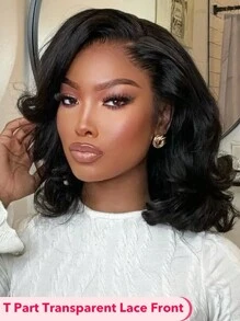 Tóc giả BOB tóc thật ngắn kiểu T Part, uốn xoăn tự nhiên, rẽ ngôi lệch, dài ngang vai, màu tự nhiên, tóc giả boby wave, mật độ 180%, dùng để hóa trang Giáng sinh, làm quà tặng Giáng sinh, thích hợp cho những chuyến du lịch hàng ngày, tụ tập bạn bè, v.v. - Tự nhiên & Đen - Xem 2