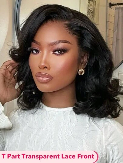 T Part Short Human Hair BOB Wig Body Wave Lady Side Part Shoulder Length Wigs Natural Color Boby Wave Wig 180% Density Christmas Dress Up Wigs, Christmas Gifts Suitable For Daily Traveling, Friends Gathering, Etc.