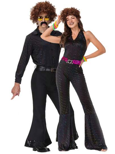 2pcs Set Couples 80s Retro Disco Performance Outfit, Women: Jumpsuit With Belt, Men: Top & Pants, Suitable For Music Festivals, Bars, Singers, Hippy Parties Halloween