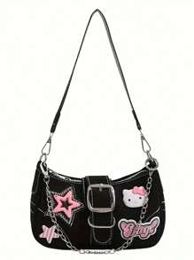 Sanrio Bolso de hombro de mujer de piel sintética con patrón de estrella elegante de Hello Kitty de Sanrio, adecuado para viajes, compras y picnics