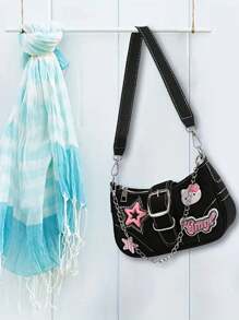 Sanrio Bolso de hombro de mujer de piel sintética con patrón de estrella elegante de Hello Kitty de Sanrio, adecuado para viajes, compras y picnics