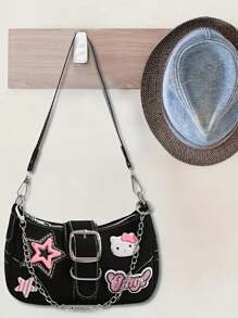 Sanrio Bolso de hombro de mujer de piel sintética con patrón de estrella elegante de Hello Kitty de Sanrio, adecuado para viajes, compras y picnics
