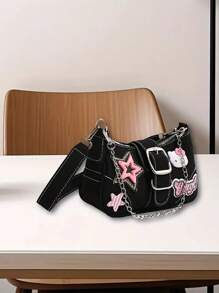 Sanrio Bolso de hombro de mujer de piel sintética con patrón de estrella elegante de Hello Kitty de Sanrio, adecuado para viajes, compras y picnics