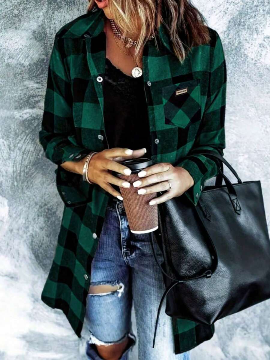 Flannel For Women 2024 Fall Fashion Long Sleeve Plaid Button Down Shirts Shacket Blouse Top With Pockets