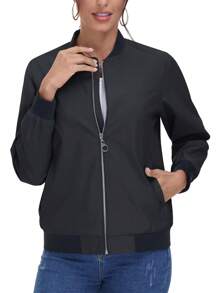 KEFITEVD Women's Casual Bomber Jacket Lightweight Spring Fall Outerwear Zip Up Windbreaker With Pockets - 黑色 - 查看 2