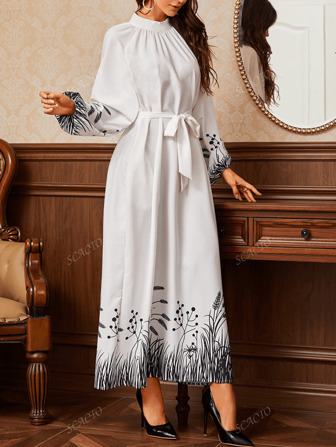 Scacto Lantern Sleeve High Neck Floral Print Dress, Loose Fit, Can Be Worn As Inner Or Outer Layer