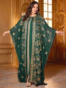 Robe arabe longue à manches chauve-souris modeste avec broderie florale appliquée et colorbloc pour femmes grandes tailles (broderie aléatoire, coupe aléatoire), caftan