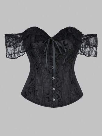 1pc Plus Size Women's Vintage Palace Style Lace-Up Off Shoulder Backless Corset Top, Cinched Waist, Suitable For Wedding, Formal Occasion