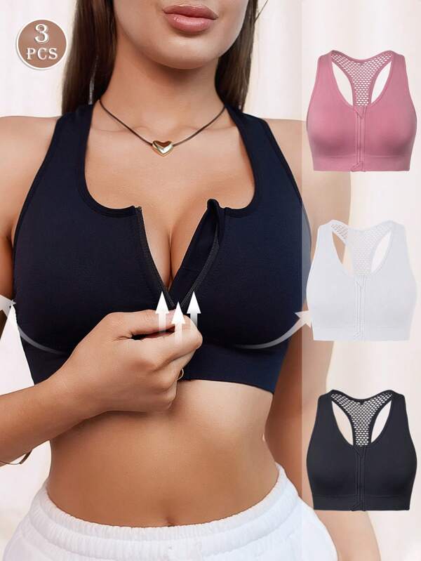 3pcs Seamless Zipper Mesh Sports Bras For Women, Elastic Outerwear Lift Chest & Back Design For Fitness