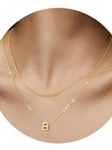 Stainless Steel Double Choker Necklace With English Letters Pendant 18k Gold Plated - Gold - View 3