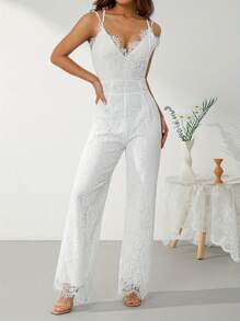 Women Elegant Jumpsuit, Spaghetti Straps V Neck Solid Color Lace Open Back One Piece Wide-Leg Jumpsuits Long Playsuit