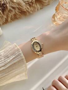 1pc Women's Vintage Oval Gold Tone Rhinestone & Zirconia Decorated Fashion Watch, Suitable For Daily Wear, Parties, Gatherings And Events