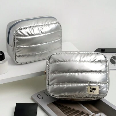 1Pc Silver Quilted Soft Multifunctional Makeup Bag, Y2K Simple Large Capacity Square Portable Fluffy Handheld Cosmetic Bag, Waterproof Toiletries Organizer With Zipper, Cosmetic Tool Organizer Gift For Women & Girl, For Home, Travel, Vacation And School Use, Back To School Bag Travel Essentials Cruise Essentials Dorm Essentials, For Valentines Day,Thanksgiving,Christmas Gifts