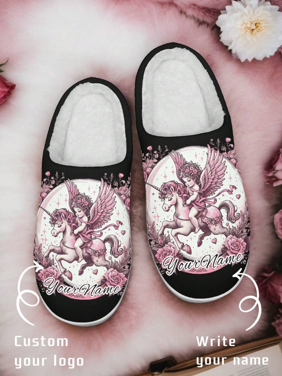 Valentine's Day Women's Custom Home Slippers, Lover's Name Cupid Designed Lightweight Comfortable Soft Bottom Home Slippers For Women, Personalized Valentine Gift For Mom/Dad/Her/Him/Girlfriend/Boyfriend/Wife/Husband/Friend - White - View 1