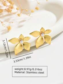 1 Pair Fashionable & Elegant Stainless Steel Flower Earrings Decorated With White Plastic Beads, Suitable For Women To Wear Casually Or On Dates, Also An Ideal Valentine's Day Gift, Mom, Mother, Mother's Day, Gift