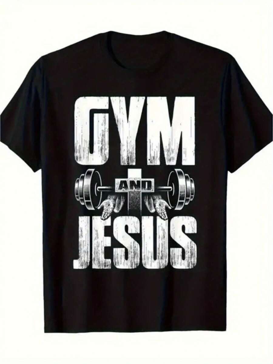 Religious Fitness And Jesus Barbell Weightlifting Crossover T-Shirt - 220g, 100% Cotton, Halloween, Thanksgiving, Christmas Gift, Suitable For Men, Women, Family And Friends, Black Casual Short-Sleeved Crew Neck T-Shirt Sizes S To 3XL - 黑色 - 查看 1