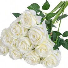 6/10/12 件人造缎玫瑰花束，长茎，栩栩如生的花朵，适合家居、婚礼、情人节派对装饰 - 白色 - 查看 9